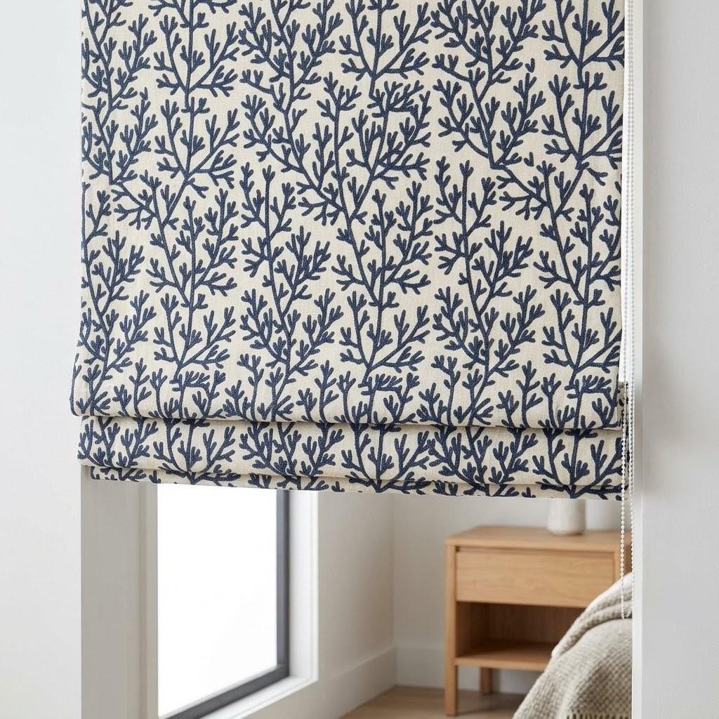Custom Roman Shades, Ivory Linen Roman Blind, Navy Blue Coral Embroidered Window Treatment, Blackout or Cotton Lined — image 7