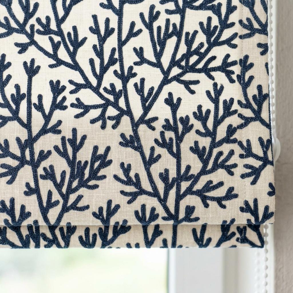 Custom Roman Shades, Ivory Linen Roman Blind, Navy Blue Coral Embroidered Window Treatment, Blackout or Cotton Lined — image 8