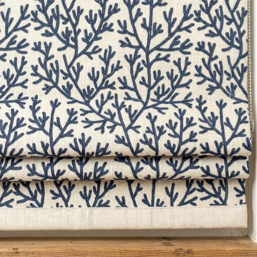 Custom Roman Shades, Ivory Linen Roman Blind, Navy Blue Coral Embroidered Window Treatment, Blackout or Cotton Lined — image 4