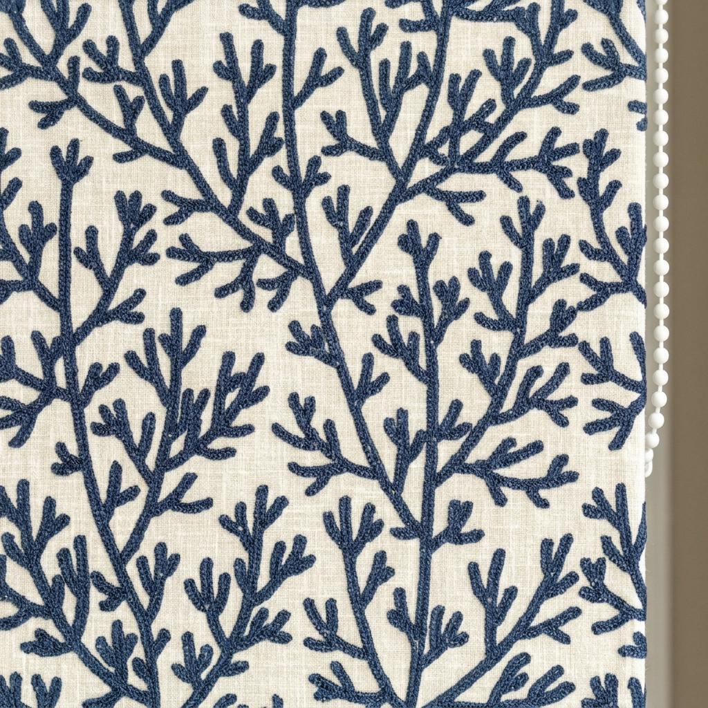 Custom Roman Shades, Ivory Linen Roman Blind, Navy Blue Coral Embroidered Window Treatment, Blackout or Cotton Lined — image 10
