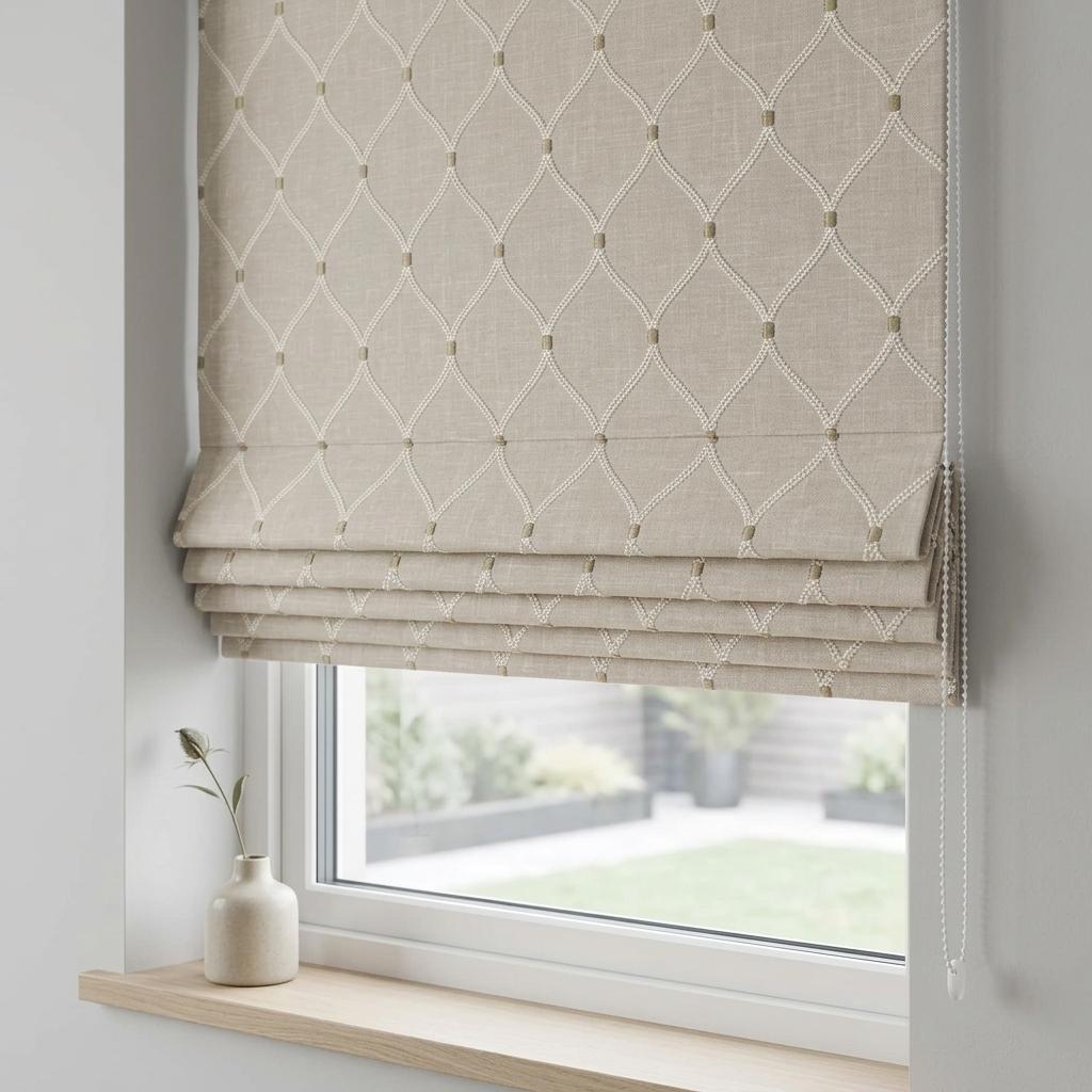 Custom Roman Shade, Natural Linen Blind, Ivory Embroidered Trellis Ogee, Blackout or Light Filtering Window Shade — image 3