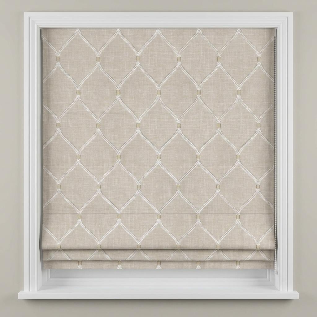 Custom Roman Shade, Natural Linen Blind, Ivory Embroidered Trellis Ogee, Blackout or Light Filtering Window Shade — image 10
