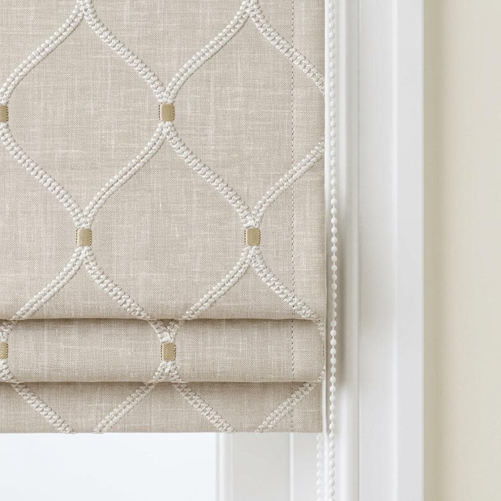 Custom Roman Shade, Natural Linen Blind, Ivory Embroidered Trellis Ogee, Blackout or Light Filtering Window Shade — image 9