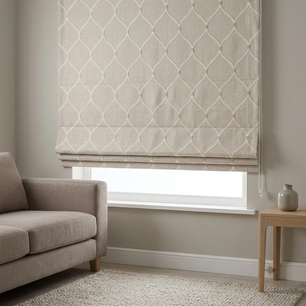 Custom Roman Shade, Natural Linen Blind, Ivory Embroidered Trellis Ogee, Blackout or Light Filtering Window Shade — image 8