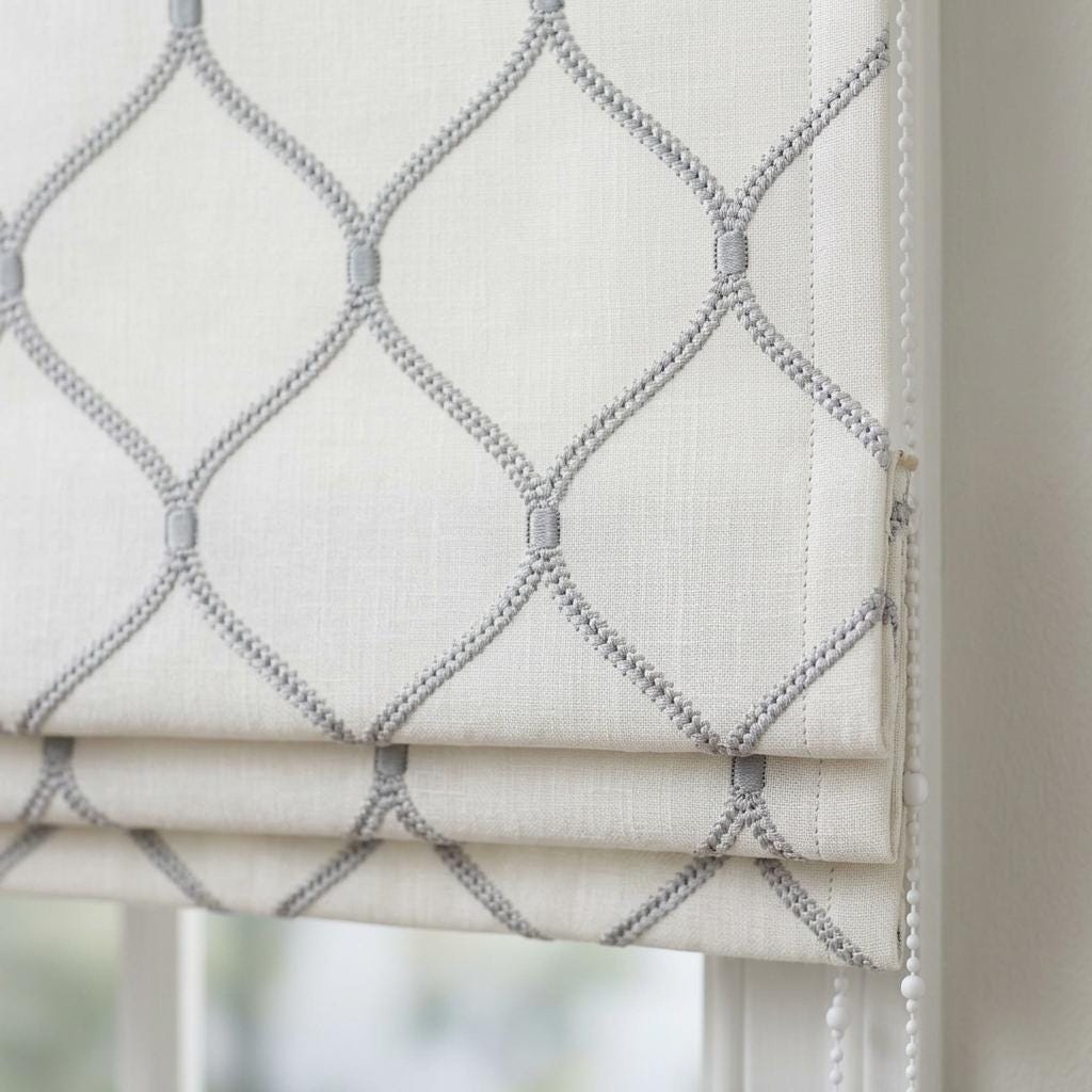 Custom White Linen Roman Shade, Pale Blue Gray Ogee Trellis Embroidered Blind, Corded Blackout or Organic Cotton Lined — image 5