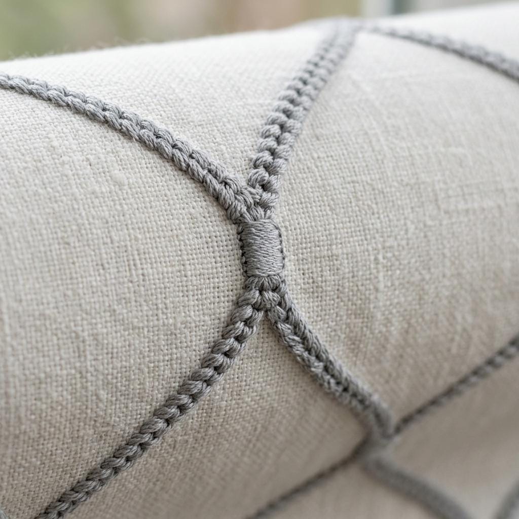 Custom White Linen Roman Shade, Pale Blue Gray Ogee Trellis Embroidered Blind, Corded Blackout or Organic Cotton Lined — image 9