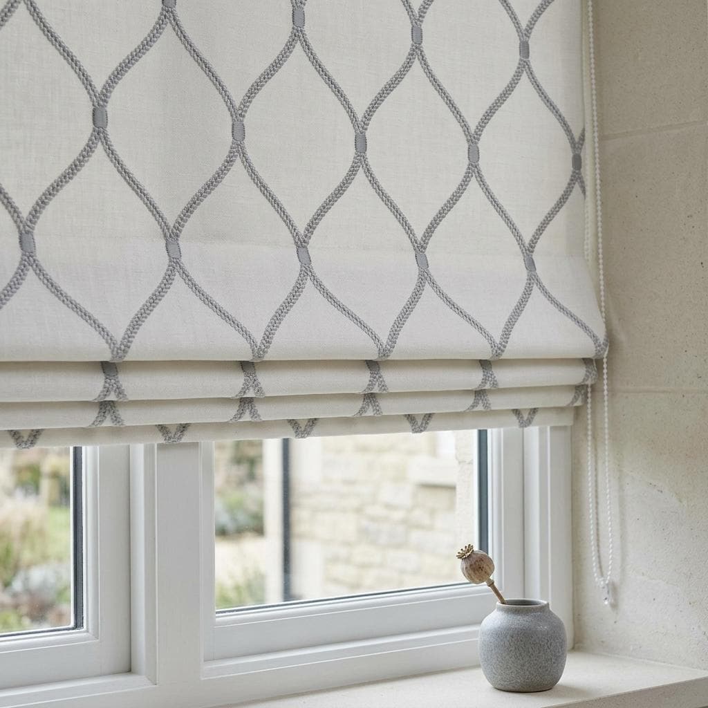 Custom White Linen Roman Shade, Pale Blue Gray Ogee Trellis Embroidered Blind, Corded Blackout or Organic Cotton Lined — image 1
