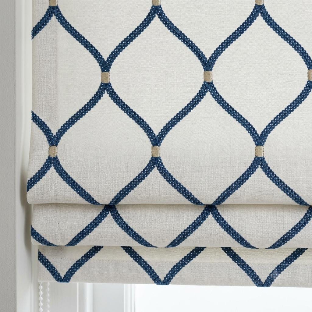 Custom Blue Embroidered Linen Roman Shade, White Geometric Ogee Trellis Blind, Corded Blackout or Light Filtering Window Treatment — image 1