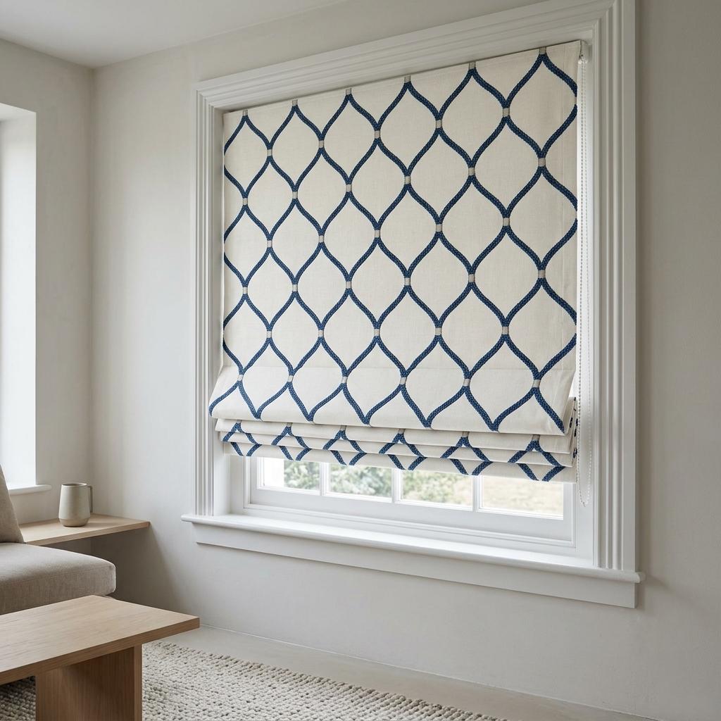 Custom Blue Embroidered Linen Roman Shade, White Geometric Ogee Trellis Blind, Corded Blackout or Light Filtering Window Treatment — image 1
