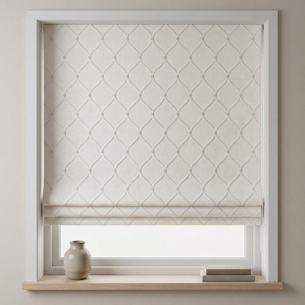 Custom Roman Shade, Ivory Linen Blind, Ivory Embroidered Ogee Trellis, Blackout or Light Filtering Window Shade — image 1