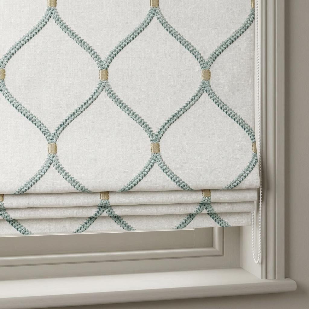 White Linen Roman Shade, Aqua Diamond Trellis Embroidered Custom Blind, Blackout or Light Filtering Window Shade — image 5