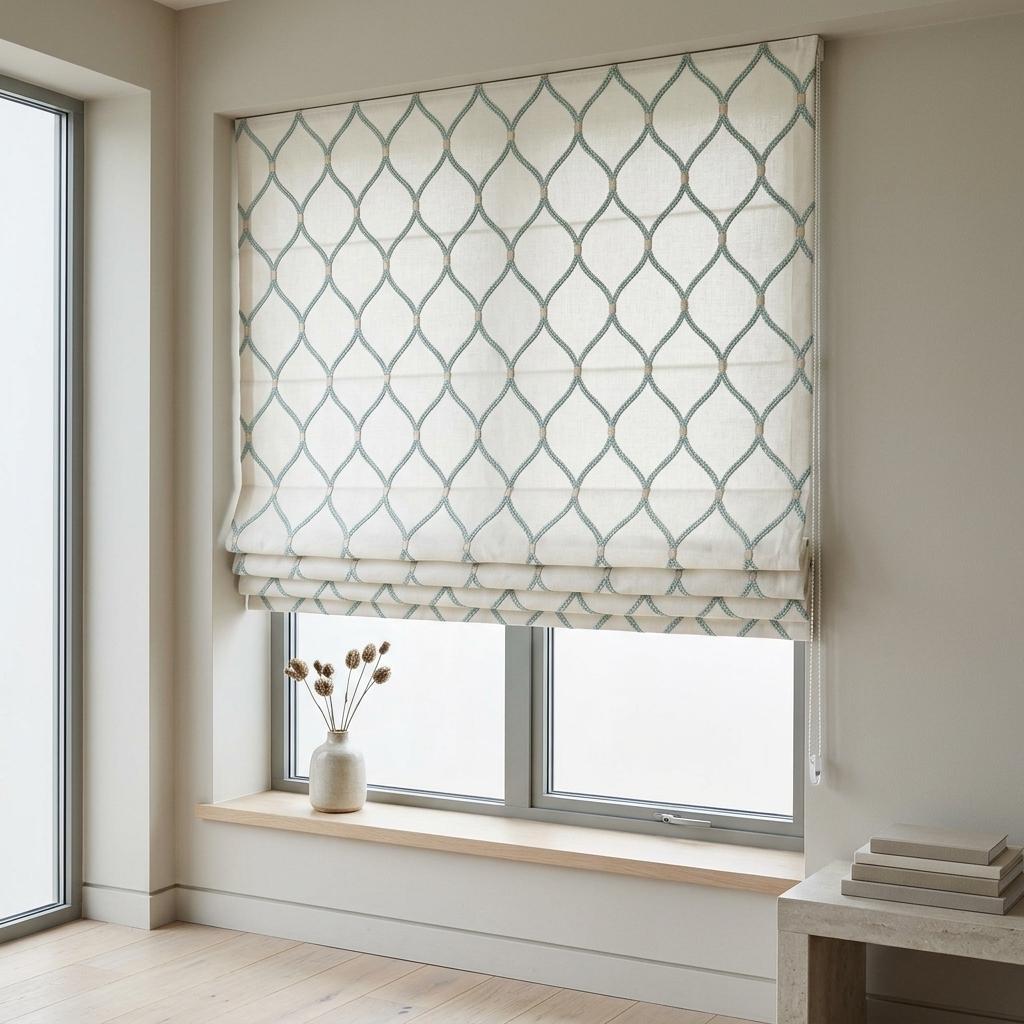 White Linen Roman Shade, Aqua Diamond Trellis Embroidered Custom Blind, Blackout or Light Filtering Window Shade — image 4