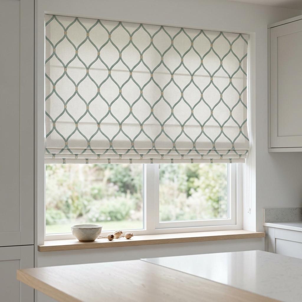 White Linen Roman Shade, Aqua Diamond Trellis Embroidered Custom Blind, Blackout or Light Filtering Window Shade — image 9