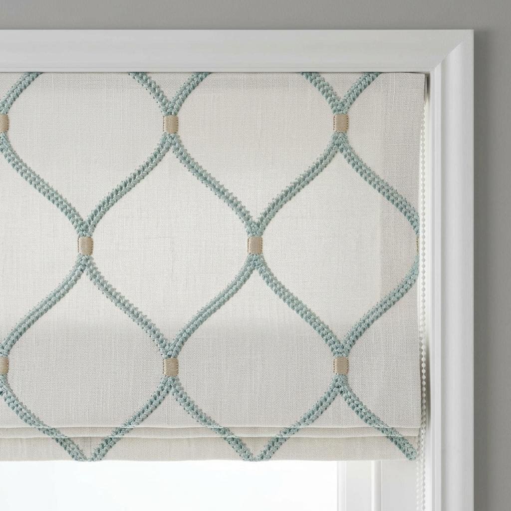White Linen Roman Shade, Aqua Diamond Trellis Embroidered Custom Blind, Blackout or Light Filtering Window Shade — image 8