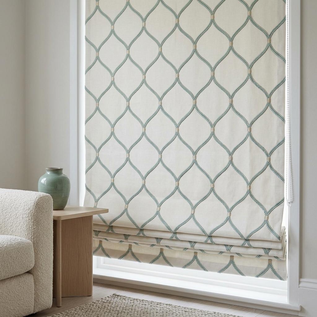 White Linen Roman Shade, Aqua Diamond Trellis Embroidered Custom Blind, Blackout or Light Filtering Window Shade — image 1