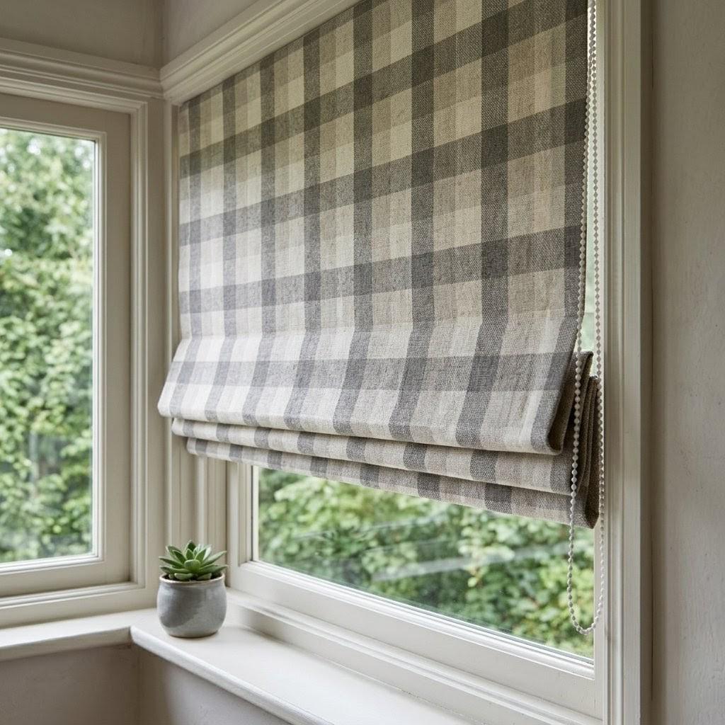 Custom Plaid Linen Roman Shades, Farmhouse Check Window Treatments (Light Filtering or Blackout) — image 1
