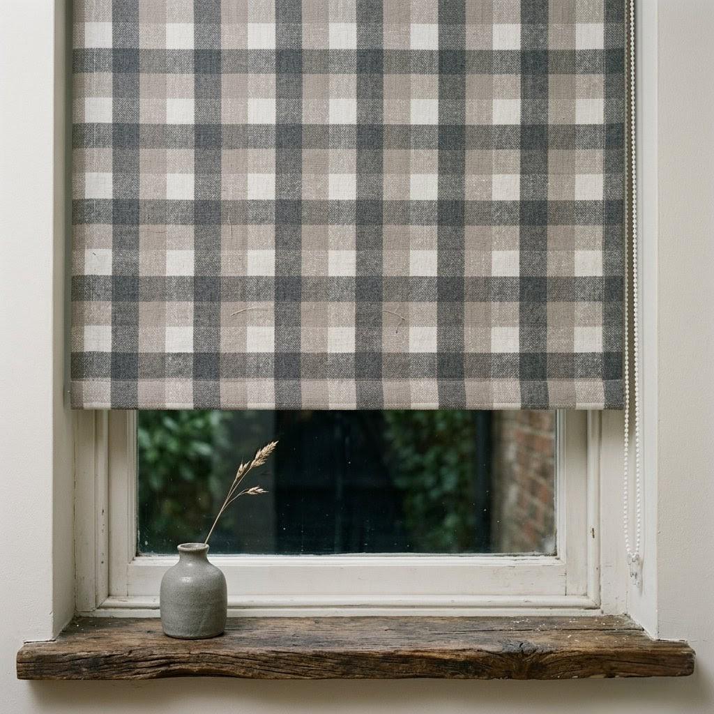 Custom Plaid Linen Roman Shades, Charcoal Beige Farmhouse Window Treatments — image 1