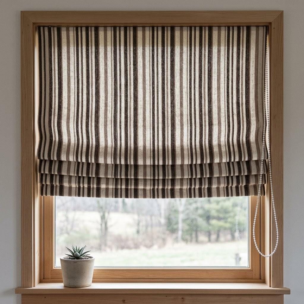 Custom Striped Linen Roman Shades, Espresso Brown Tan Farmhouse Window Treatments (Blackout/Light Filtering) — image 1