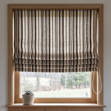 Custom Striped Linen Roman Shades, Espresso Brown Tan Farmhouse Window Treatments (Blackout/Light Filtering) — image 1