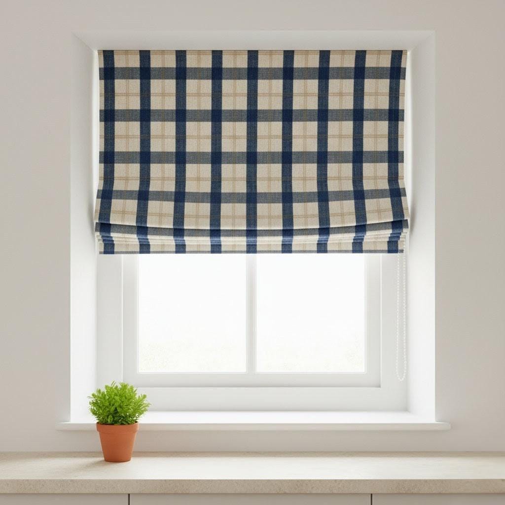 Blue Beige Linen Roman Shade - Corded Pull, Made to Size — image 1