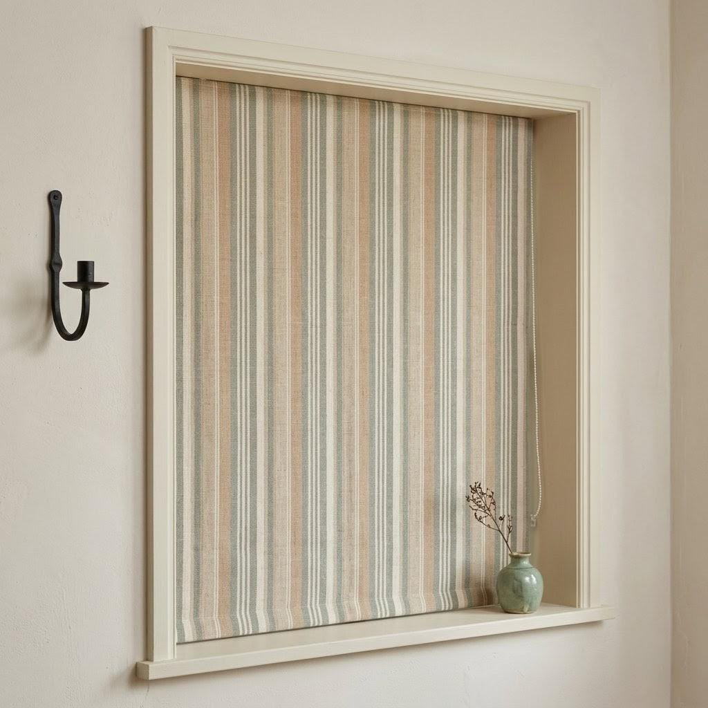 Custom Striped Linen Roman Shades: Sage Green Farmhouse Window Blinds (Light Filtering/Blackout) — image 1