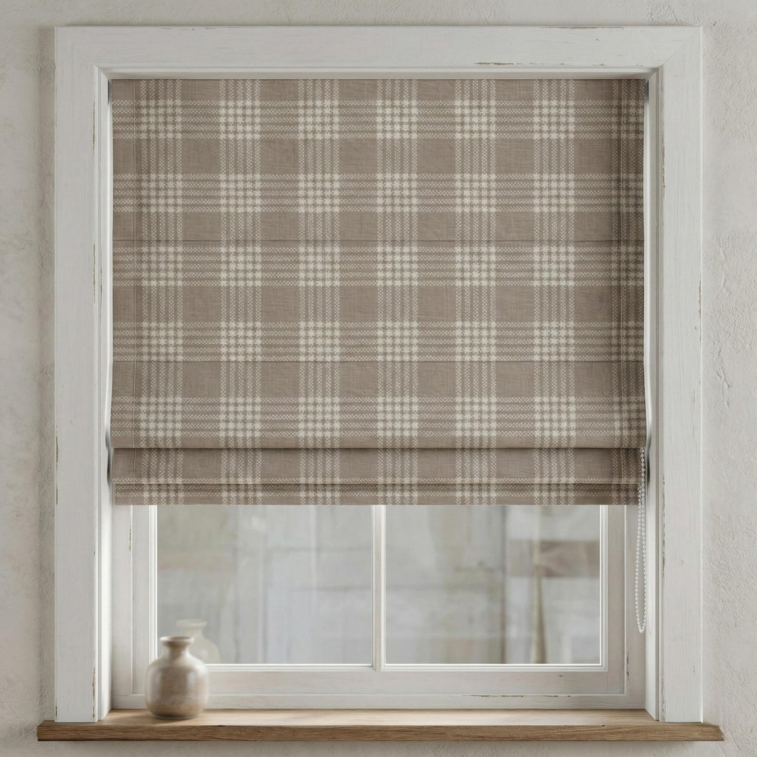 Taupe Plaid Linen Roman Shade, Farmhouse Window Blind, Custom Made — image 1