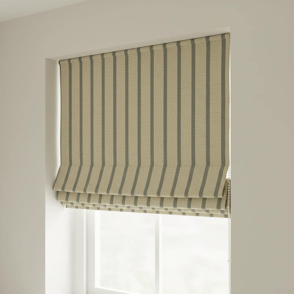 Custom Linen Roman Shade: Beige Sage Vertical Stripes, Light Control — image 1