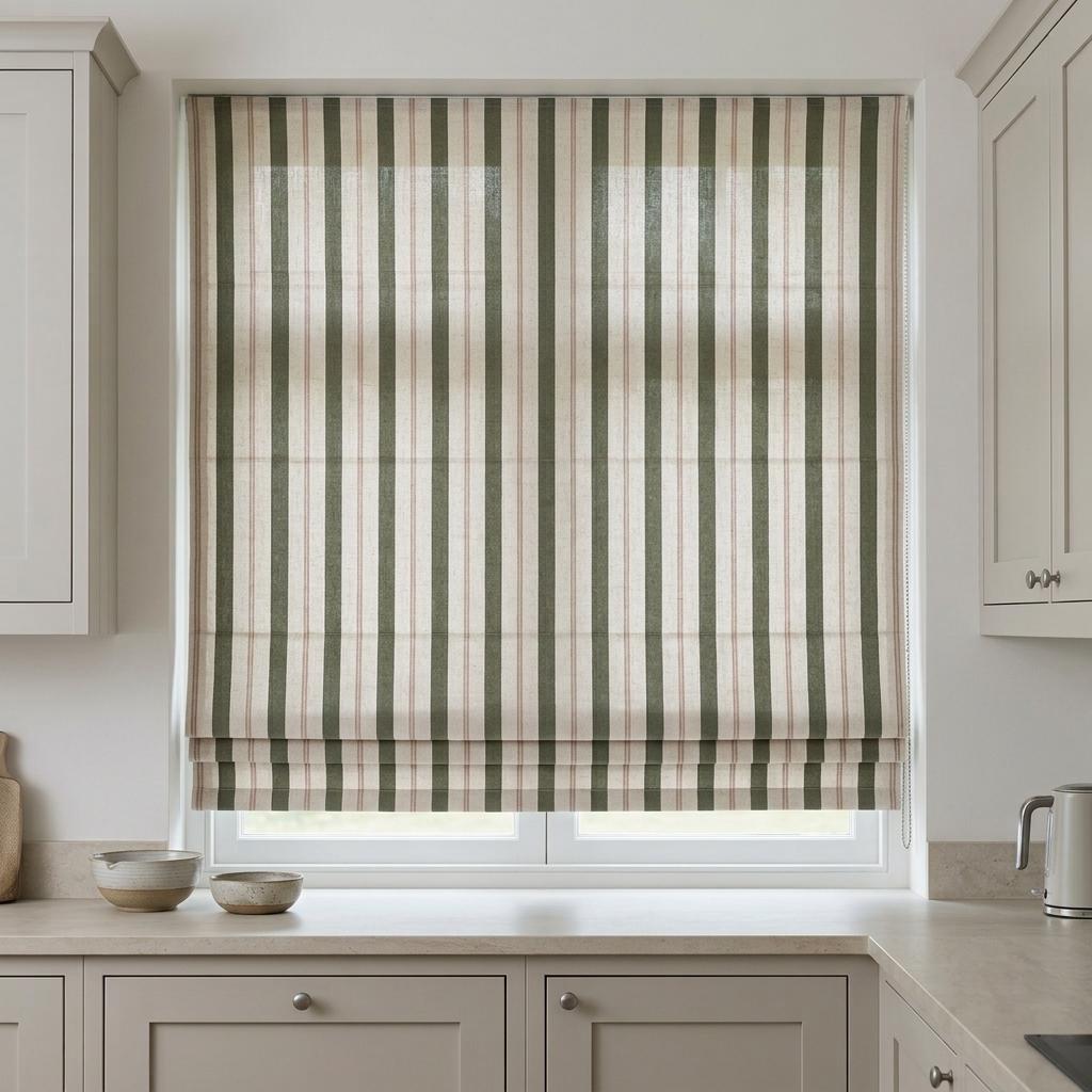 Roman Shade: Olive Green & Beige Stripes - Custom Linen, Corded — image 5