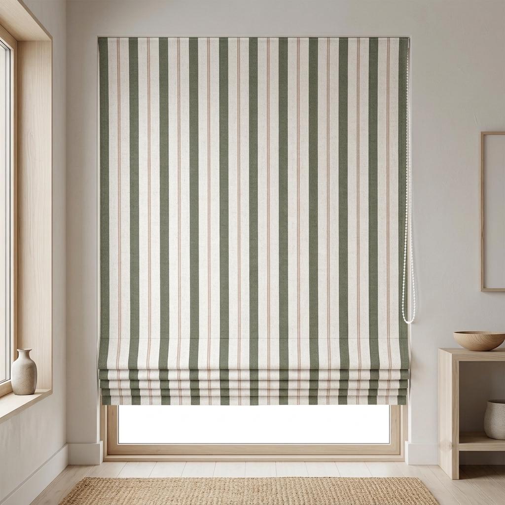 Roman Shade: Olive Green & Beige Stripes - Custom Linen, Corded — image 3