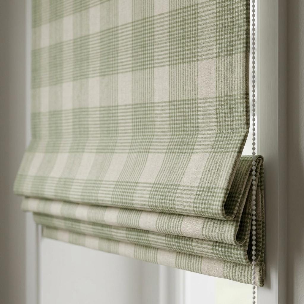 Sage Green Plaid Roman Shade: Custom Linen, Blackout or Light-Filtering — image 1