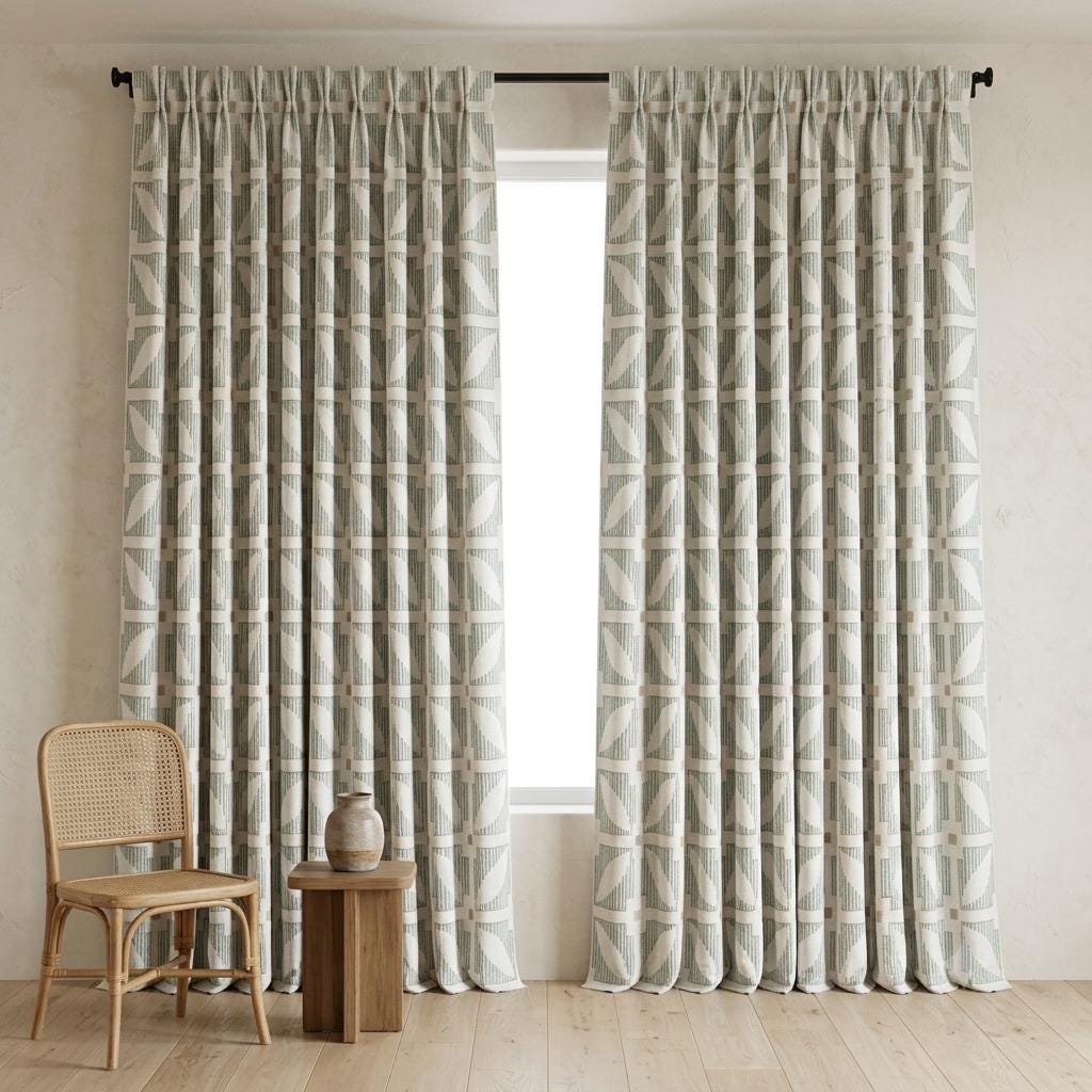Ivory Pure Linen Curtains, Teal Beige Geometric Embroidered Drapes, Custom Blackout Mid Century Panels — image 10