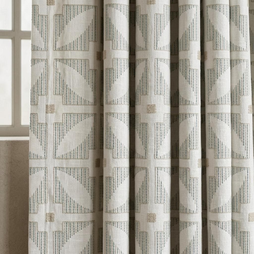 Ivory Pure Linen Curtains, Teal Beige Geometric Embroidered Drapes, Custom Blackout Mid Century Panels — image 1