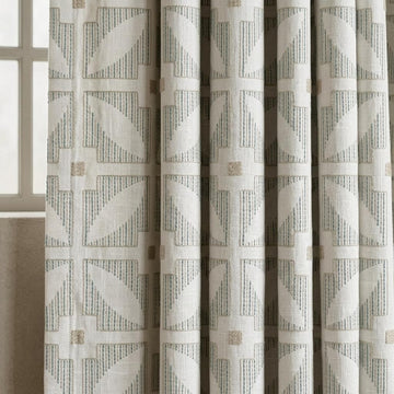 Ivory Pure Linen Curtains, Teal Beige Geometric Embroidered Drapes, Custom Blackout Mid Century Panels — image 1