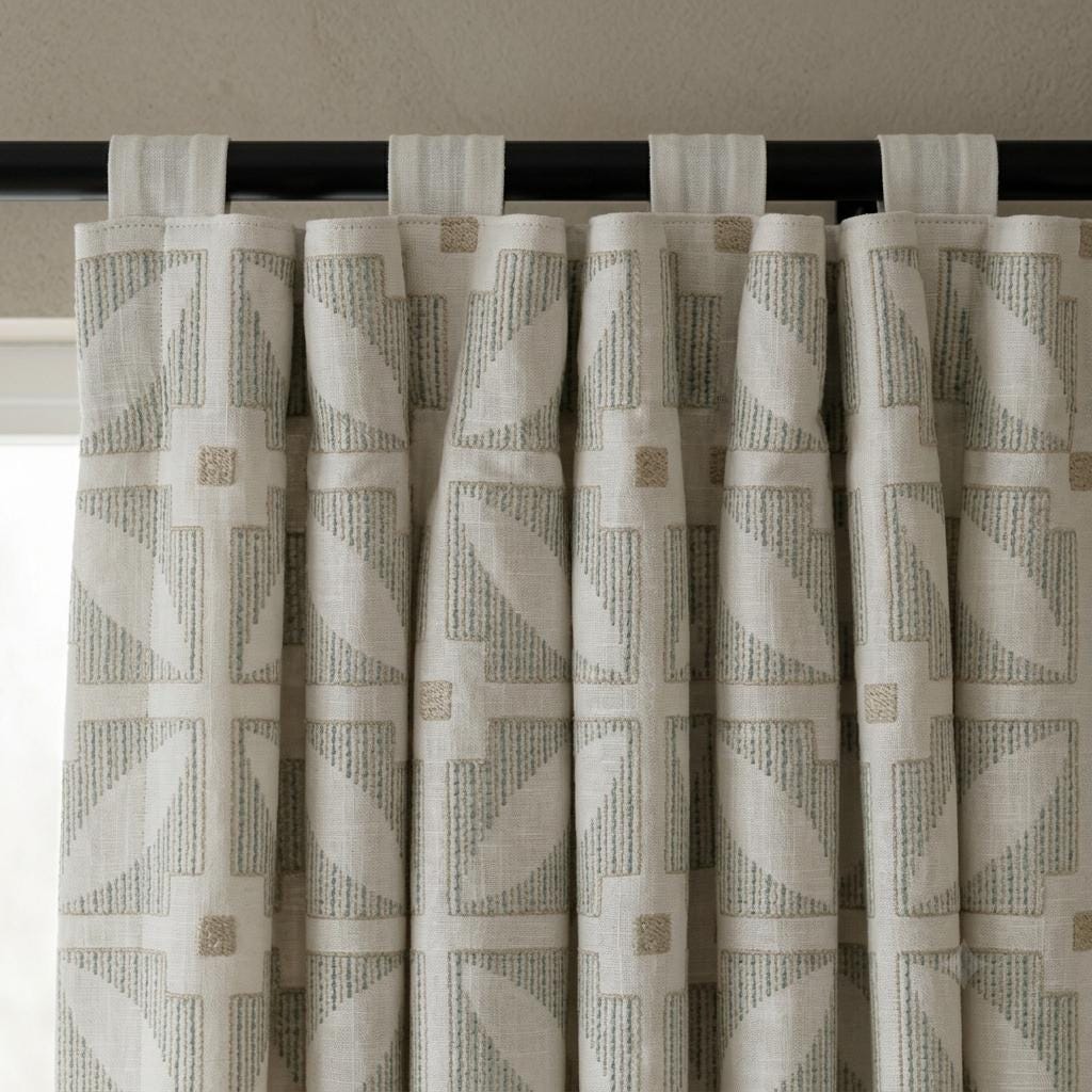 Ivory Pure Linen Curtains, Teal Beige Geometric Embroidered Drapes, Custom Blackout Mid Century Panels — image 8