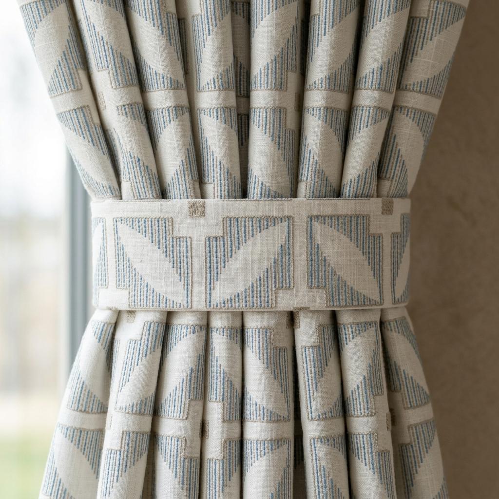 Ivory Pure Linen Curtains, Blue Beige Geometric Embroidered Drapes, Custom Blackout Mid Century Panels — image 2