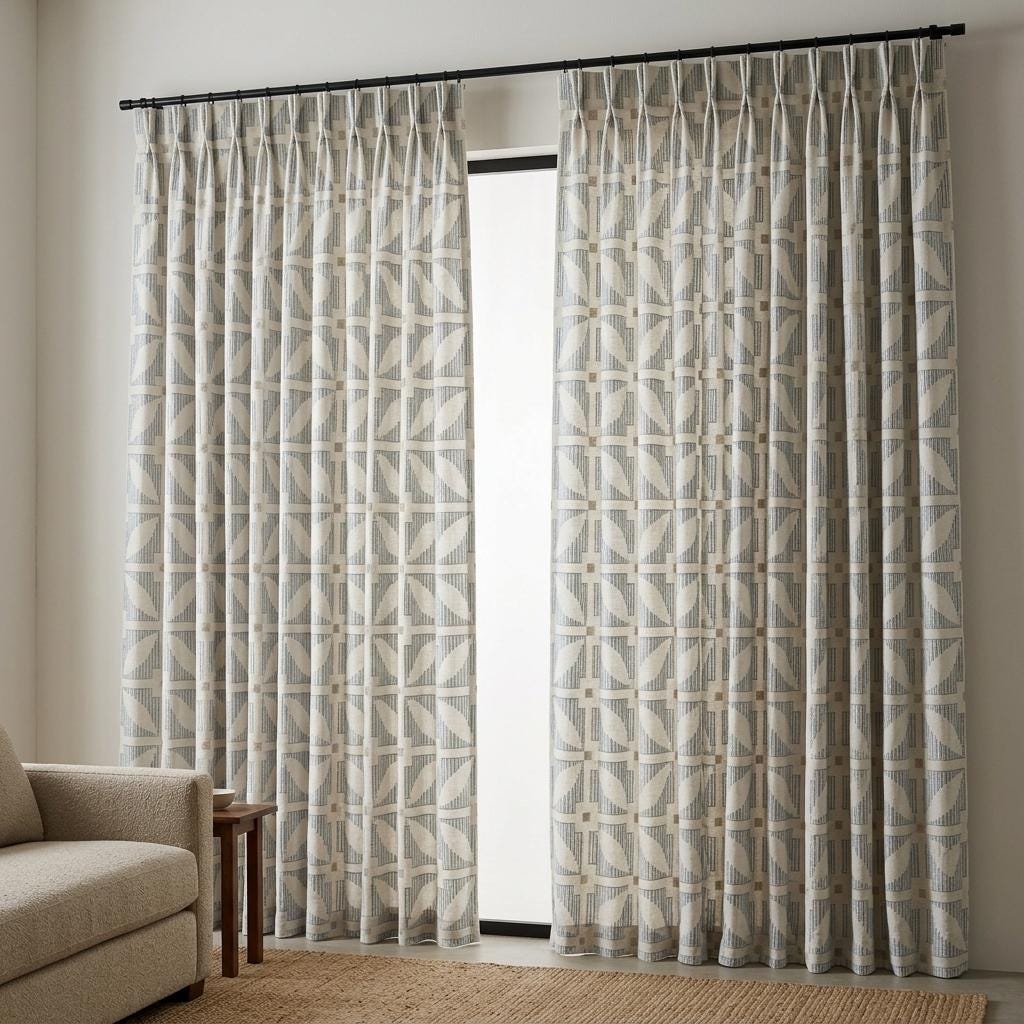 Ivory Pure Linen Curtains, Blue Beige Geometric Embroidered Drapes, Custom Blackout Mid Century Panels — image 5