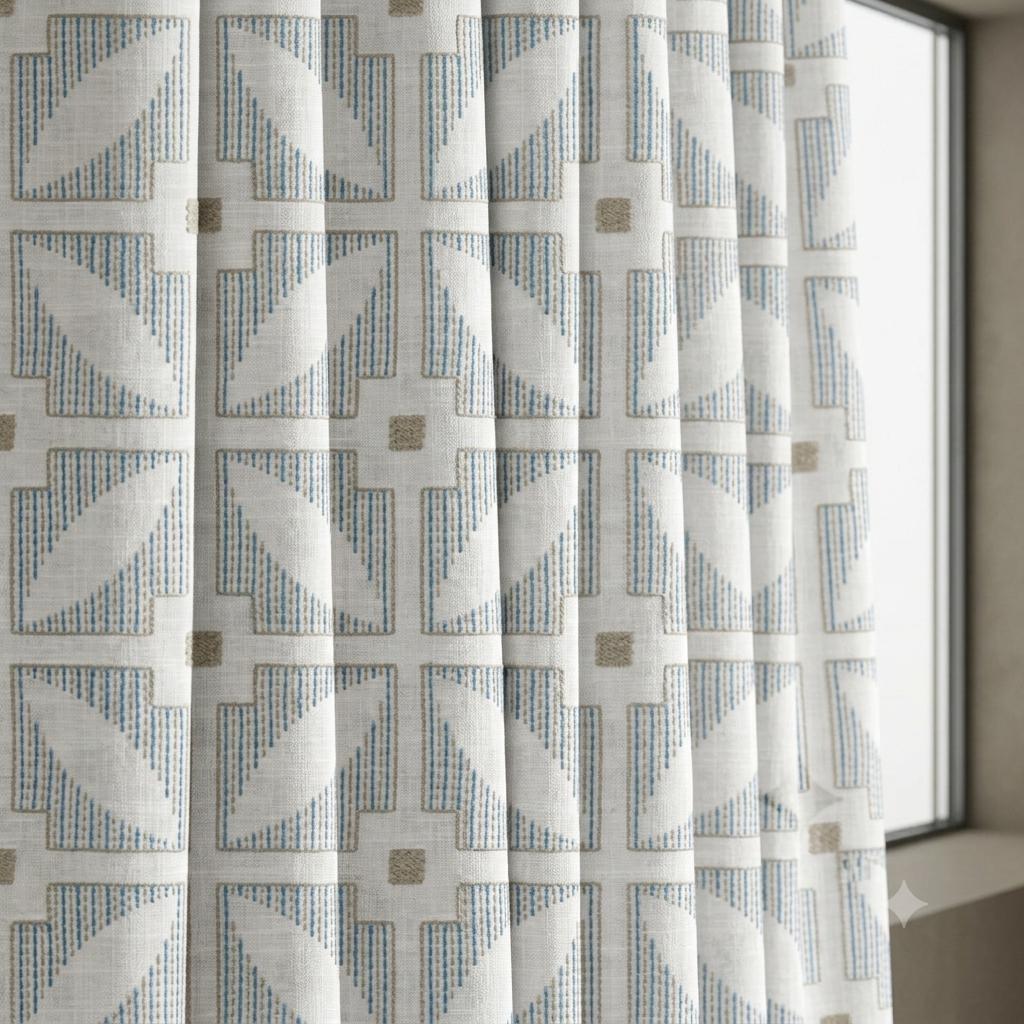 Ivory Pure Linen Curtains, Blue Beige Geometric Embroidered Drapes, Custom Blackout Mid Century Panels — image 4