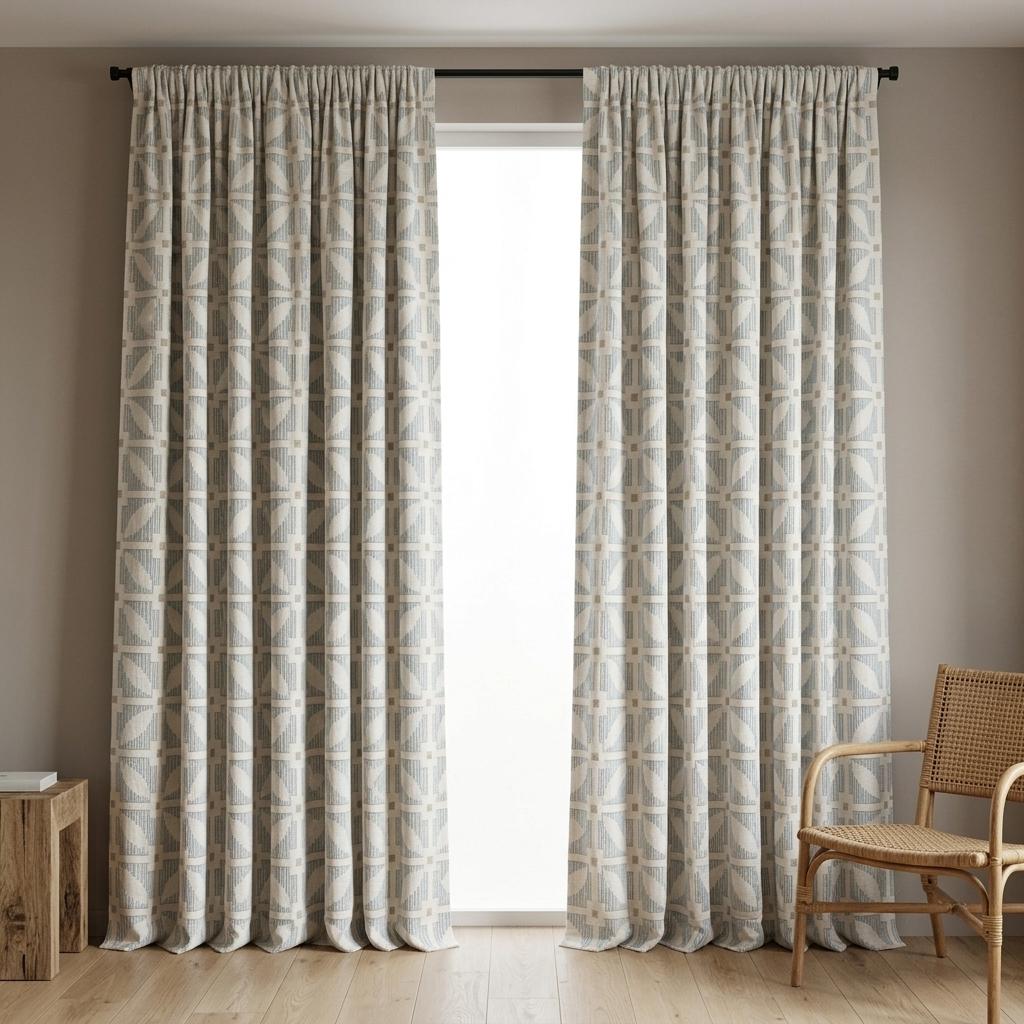 Ivory Pure Linen Curtains, Blue Beige Geometric Embroidered Drapes, Custom Blackout Mid Century Panels — image 3