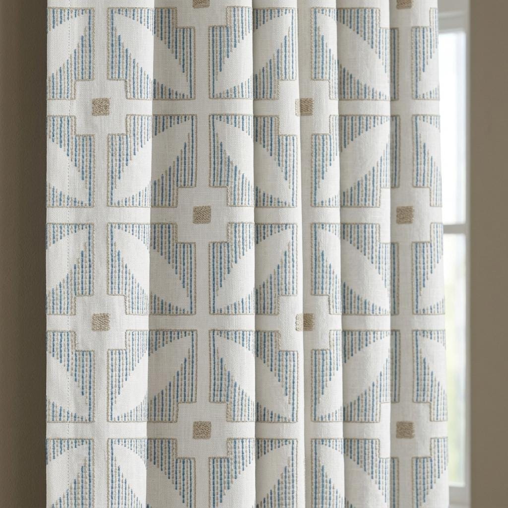 Ivory Pure Linen Curtains, Blue Beige Geometric Embroidered Drapes, Custom Blackout Mid Century Panels — image 9