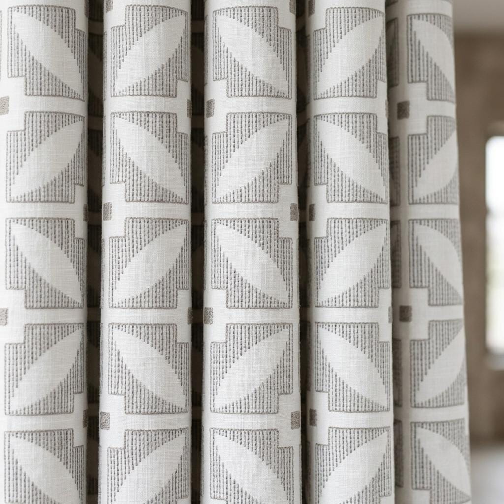 Ivory Pure Linen Curtains, Charcoal Gray Taupe Geometric Embroidered Drapes, Custom Blackout Mid Century Panels — image 1