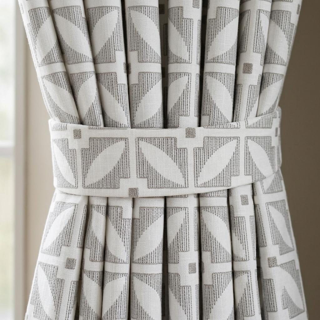 Ivory Pure Linen Curtains, Charcoal Gray Taupe Geometric Embroidered Drapes, Custom Blackout Mid Century Panels — image 1
