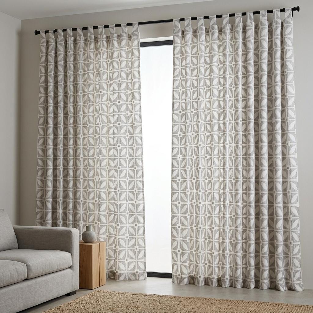 Ivory Pure Linen Curtains, Charcoal Gray Taupe Geometric Embroidered Drapes, Custom Blackout Mid Century Panels — image 3