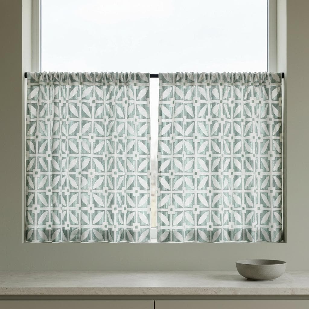 Ivory Linen Curtains, Sage Green Geometric Embroidered Drapes, Custom Blackout Mid Century Panels — image 5