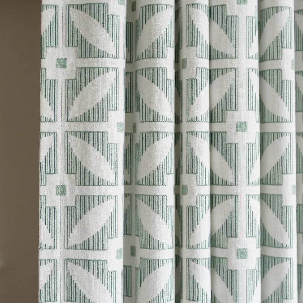 Ivory Linen Curtains, Sage Green Geometric Embroidered Drapes, Custom Blackout Mid Century Panels — image 1