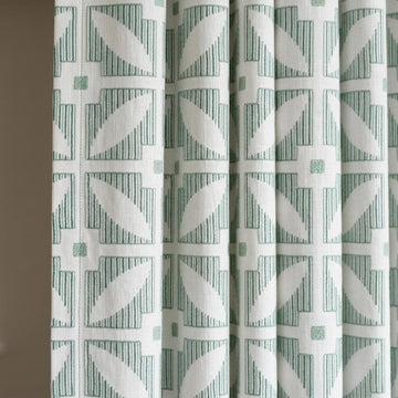 Ivory Linen Curtains, Sage Green Geometric Embroidered Drapes, Custom Blackout Mid Century Panels — image 1