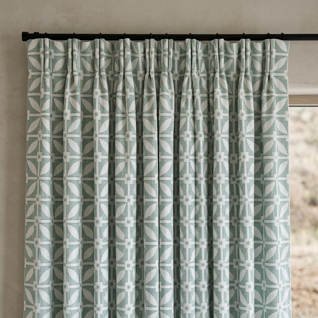 Ivory Linen Curtains, Sage Green Geometric Embroidered Drapes, Custom Blackout Mid Century Panels — image 3