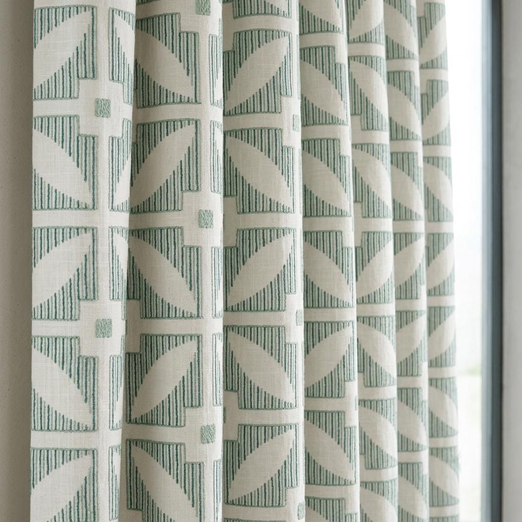 Ivory Linen Curtains, Sage Green Geometric Embroidered Drapes, Custom Blackout Mid Century Panels — image 6