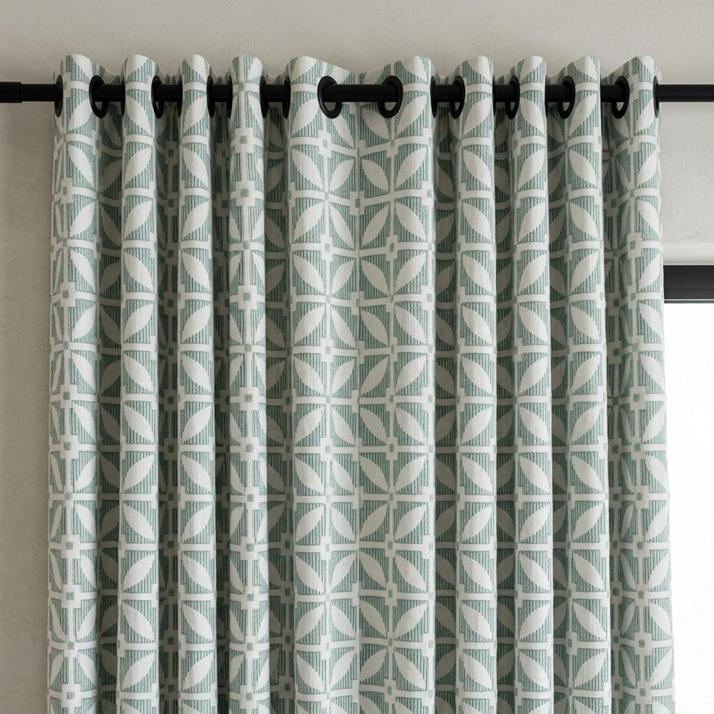Ivory Linen Curtains, Sage Green Geometric Embroidered Drapes, Custom Blackout Mid Century Panels — image 7
