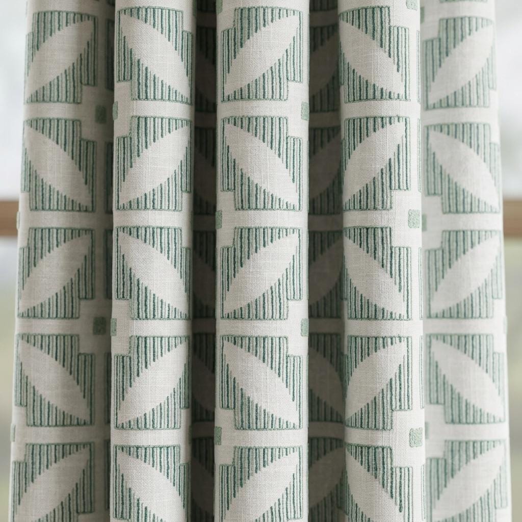 Ivory Linen Curtains, Sage Green Geometric Embroidered Drapes, Custom Blackout Mid Century Panels — image 8