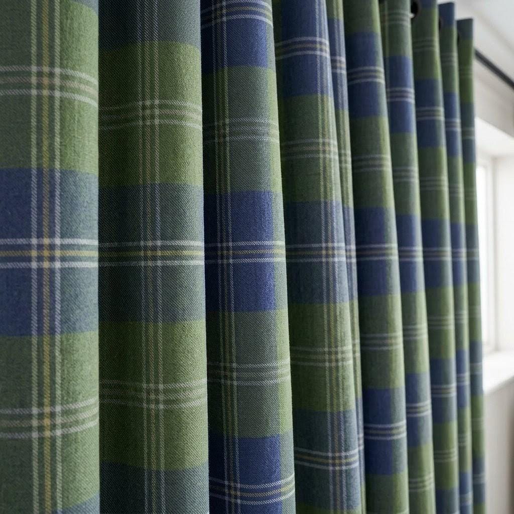 Blue Olive Green Plaid Pure Linen Curtains, Heavy Tartan Drapes, Custom Blackout Farmhouse Window Panels — image 5